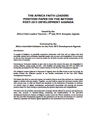 Africa Faith Leaders Position Paper on the Post 2015 Development Agenda